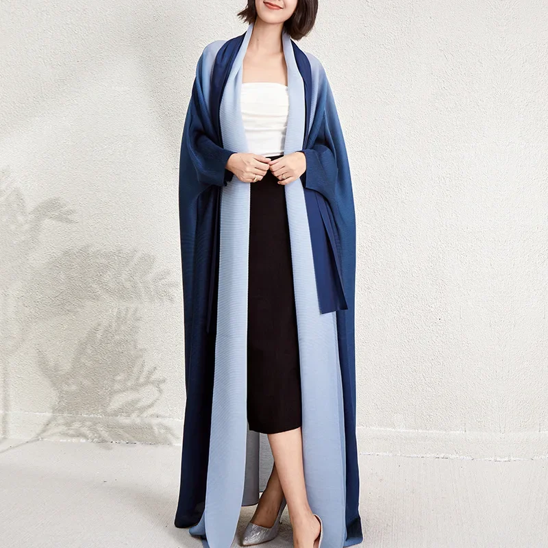 Middle-aged Miyake Pleated Trench Coat Women's Clothing Gradual Change Loose Large Size Fat Mm Lace-up Shawl Robe