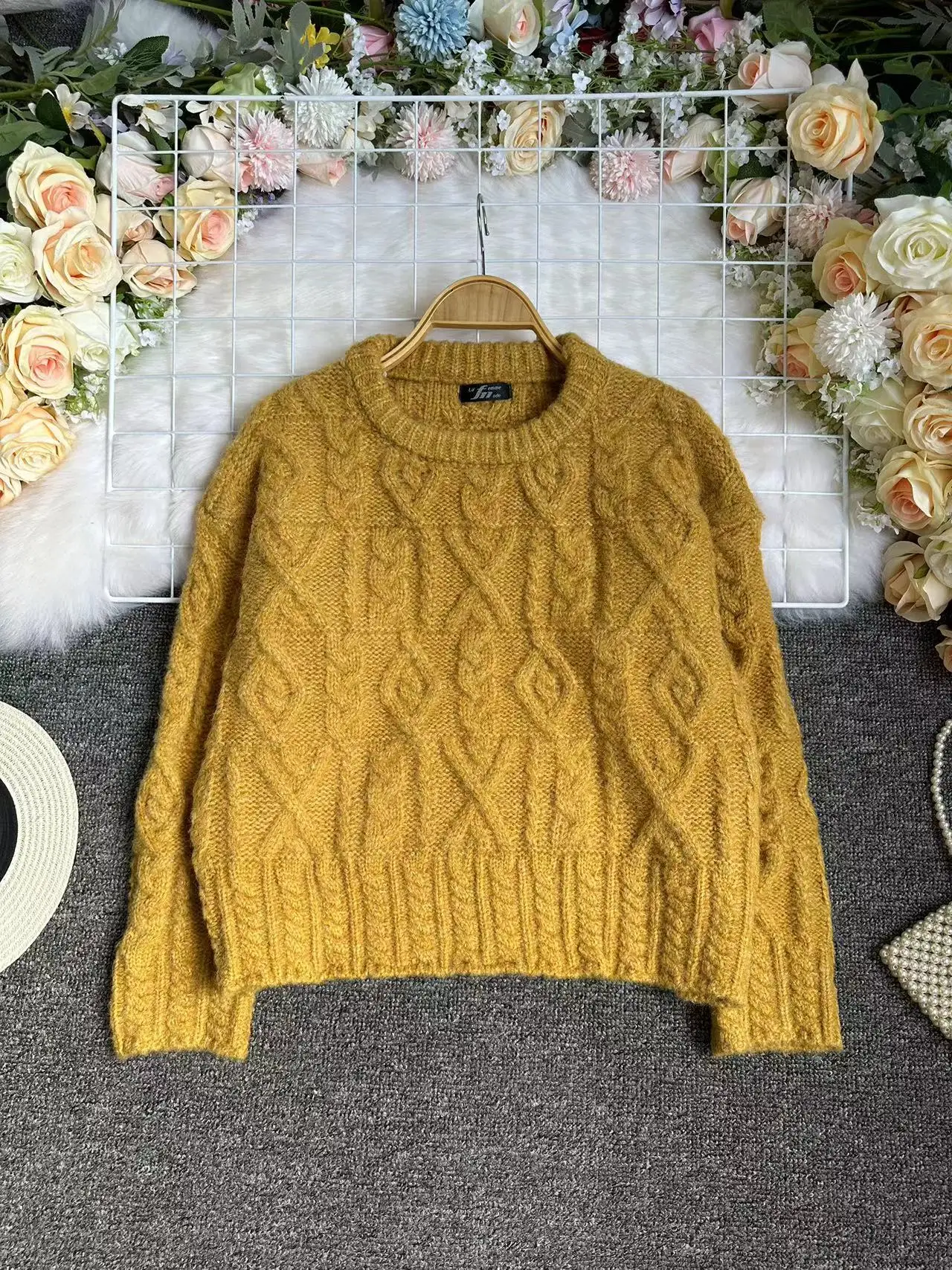 

Autumn Winter Women's Loose Knitted Sweater Pumpkin Color Twisted Cable Neck round Top Vintage Korean Style Comfortable Long ...