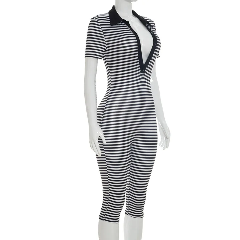 Trendige Damen-Playsuits mit V-Ausschnitt, gestreiften Knöpfen, Umlegekragen, Capri-Beinen, Sommer-Casual-Bodysuits, Loungewear – Detail 11