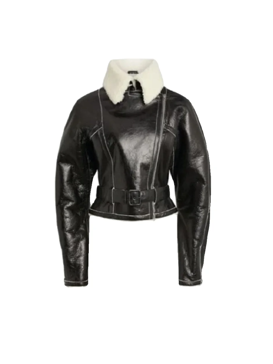 제니 빈티지 블랙 PU 가죽 양털 칼라 롱 슬리브 오토바이 재킷 트렌디 여성 코트 스트레이트 튜브