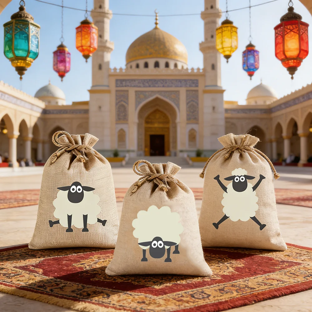 6Pcs Funny Sheep Linen Drawstring Bags Eid al-Adha Party Favor for Guests Muslim Islamic Holiday Cute Snack Toy Bag for Children - view 5