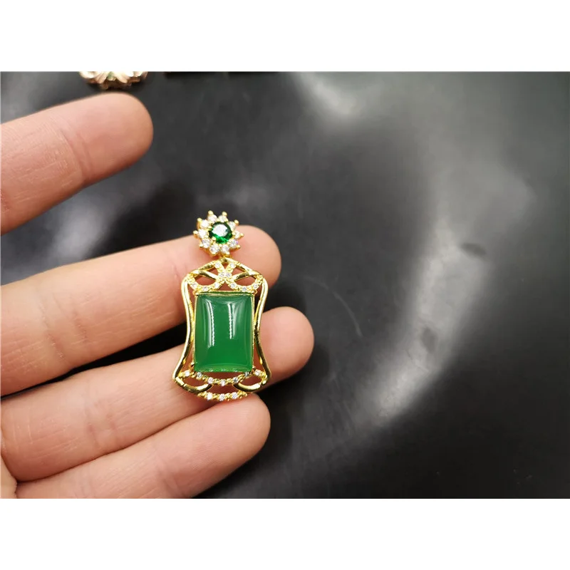 925 Silver Inlaid Chalcedony Small Square Green Agate Safety-Blessing Card Lucky Pendant