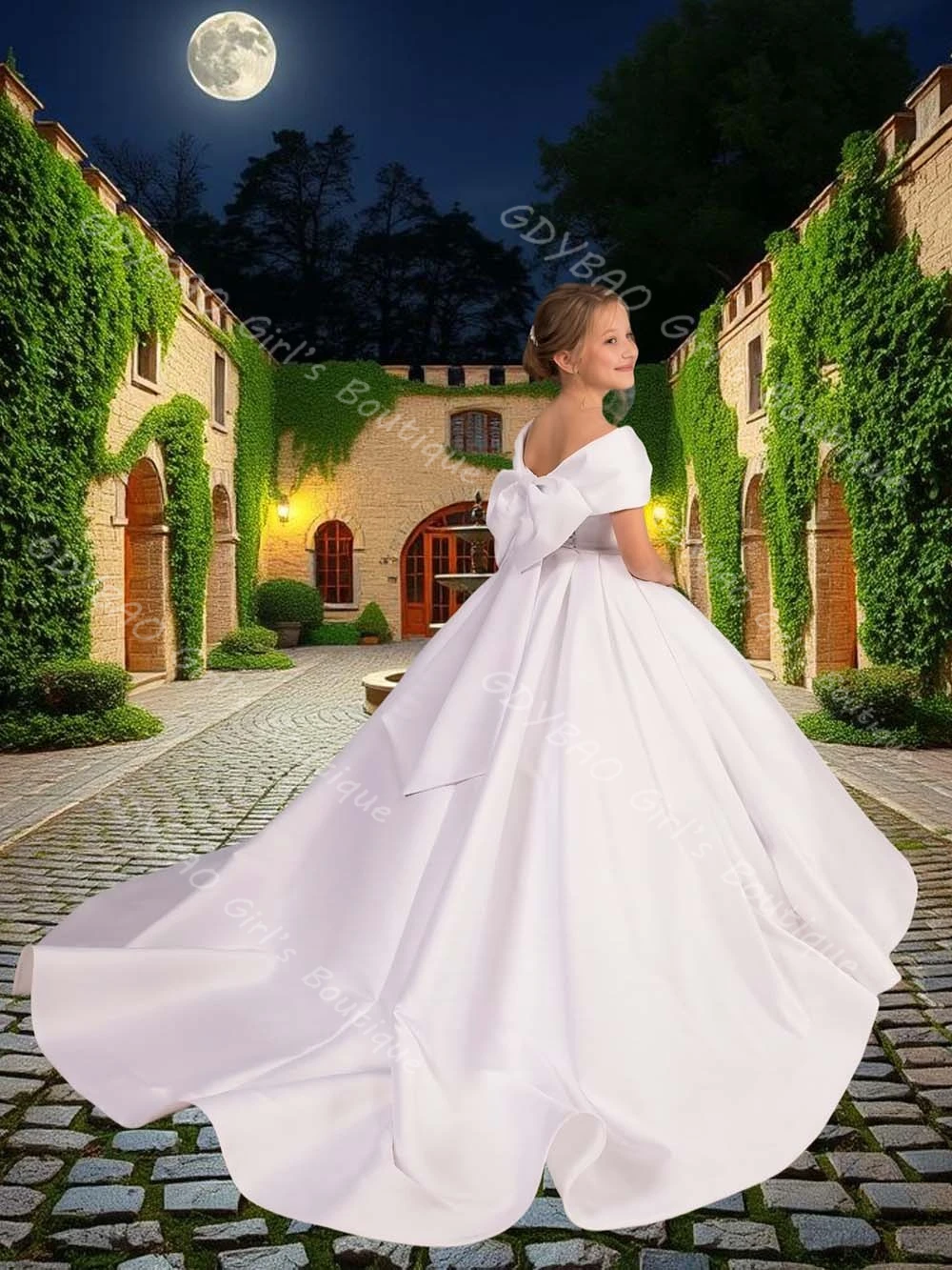 

White Flower Girl Dress for Wedding Off the Shoulder Satin Holy Communion Dress With Bow/Train Satin Kids Customized Party Gown