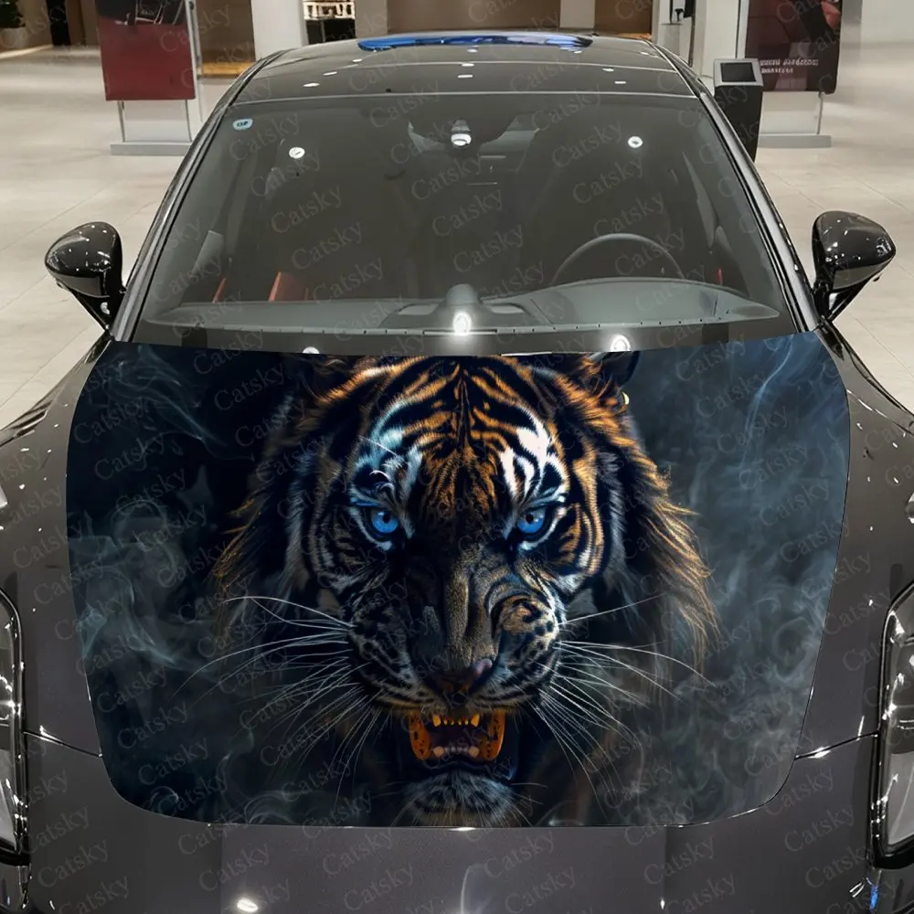 

Jet Black Tiger Spirit Car Vinyl Wrap, PVC Material Waterproof Car Hood Sticker, Self-Adhesive Scratch-Resistant Stickers for En