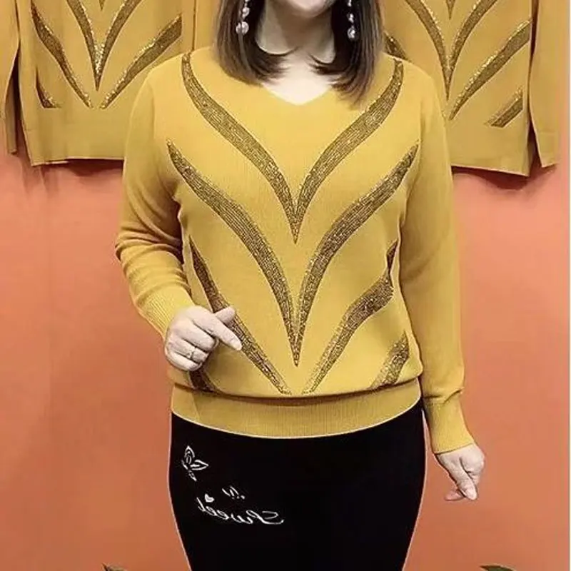 Camiseta de punto con corte de onda de diamantes elegantes para mujer, cuello en V informal, ropa de manga larga, jerséis sueltos de Color sólido,