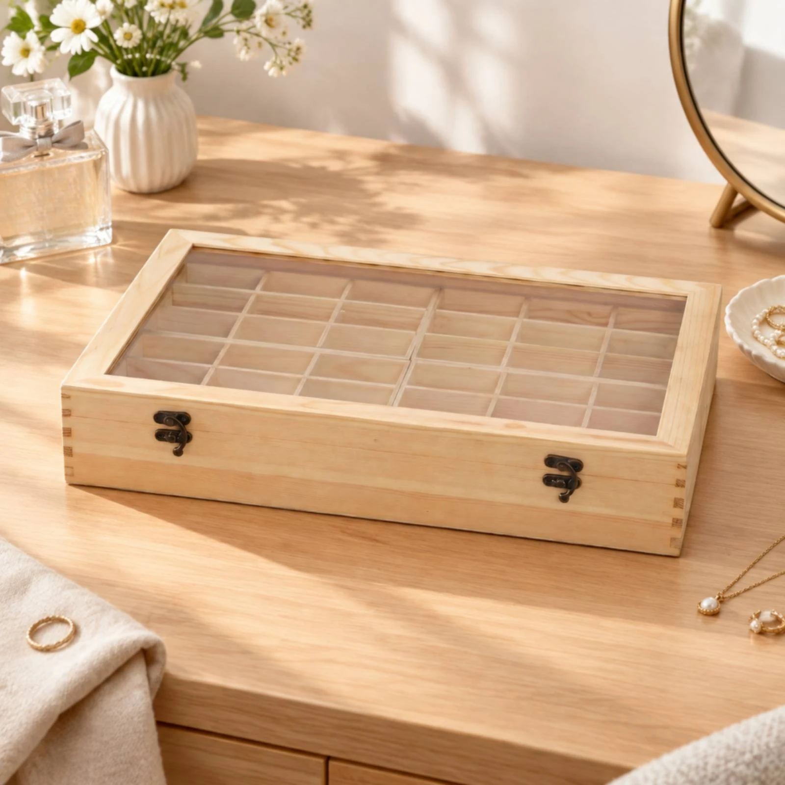 Accessory Display Case Compact Wooden Compartment Organizer with Glass Lid Rectangular Tray-Style Jewelry Box with Dividers