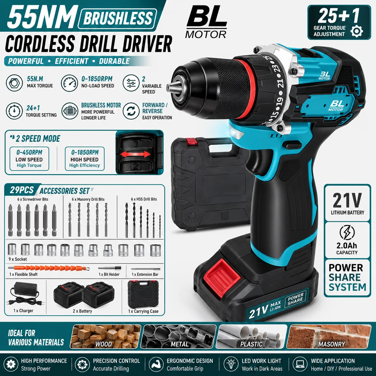 Kit de taladro atornillador inalámbrico sin escobillas de 55 Nm, con 24+1 ajustes de torque, 2 velocidades, destornillador eléctrico de 0 a