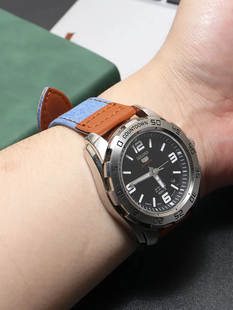 Denim Splicing Leather Watch Strap Men's Suitable for Huawei Casio Tissot Longines Seiko Citizen Quick Release Strap