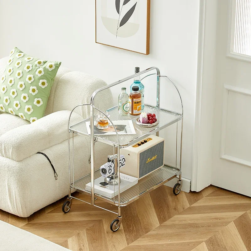 Vintage Glass Coffee Table  Easy-Clean  Rolling Cart  Ins  Serving Cart Foldable Storage Rack for Dining Rooms