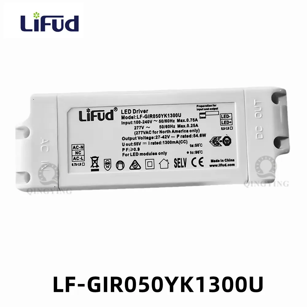 

Lifud Isolated LED Driver LF-GIR050YK1200U 50W 55W 27-42Vdc 1200mA/1300mA LED Power Supply Transformer AC100-277V