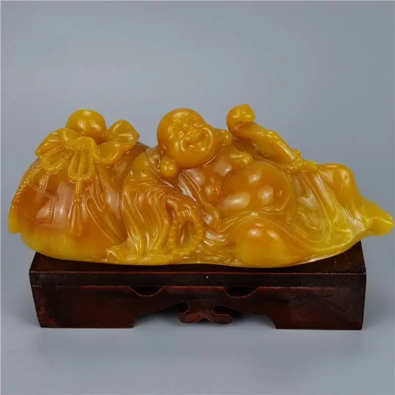 

China Shoushan Stone Hand Carved Myth People Buddhism Money Bag Monk Maitreya Feng Shui Statue Ornamental Stone Porch Decoration