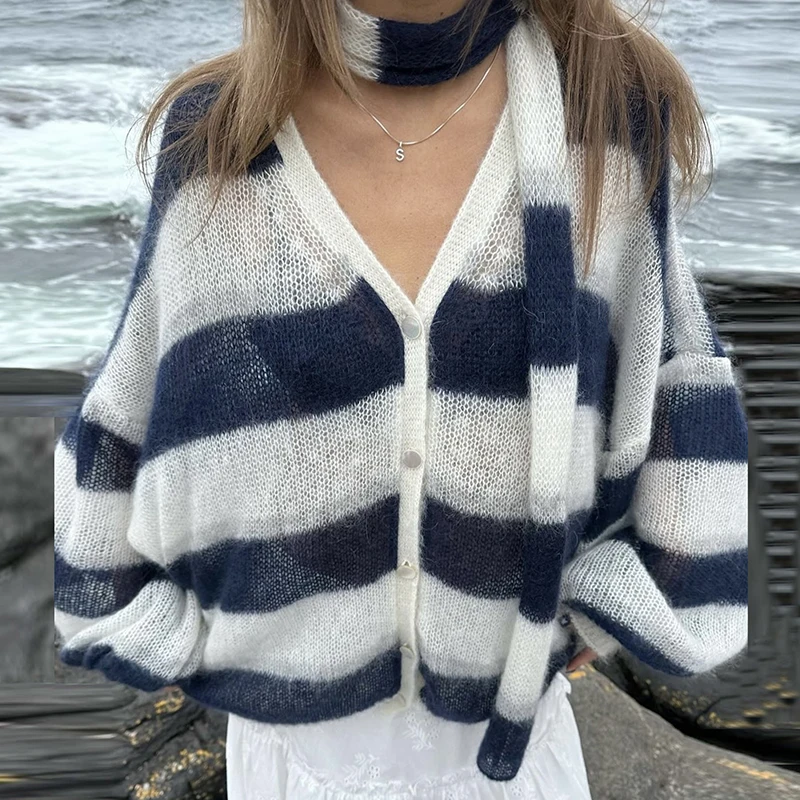 2024 Autumn Striped Printed Breathable Sweater Women Sexy V Neck Lace Up Long Sleeved Top Elegant Single Breasted Loose Sweater