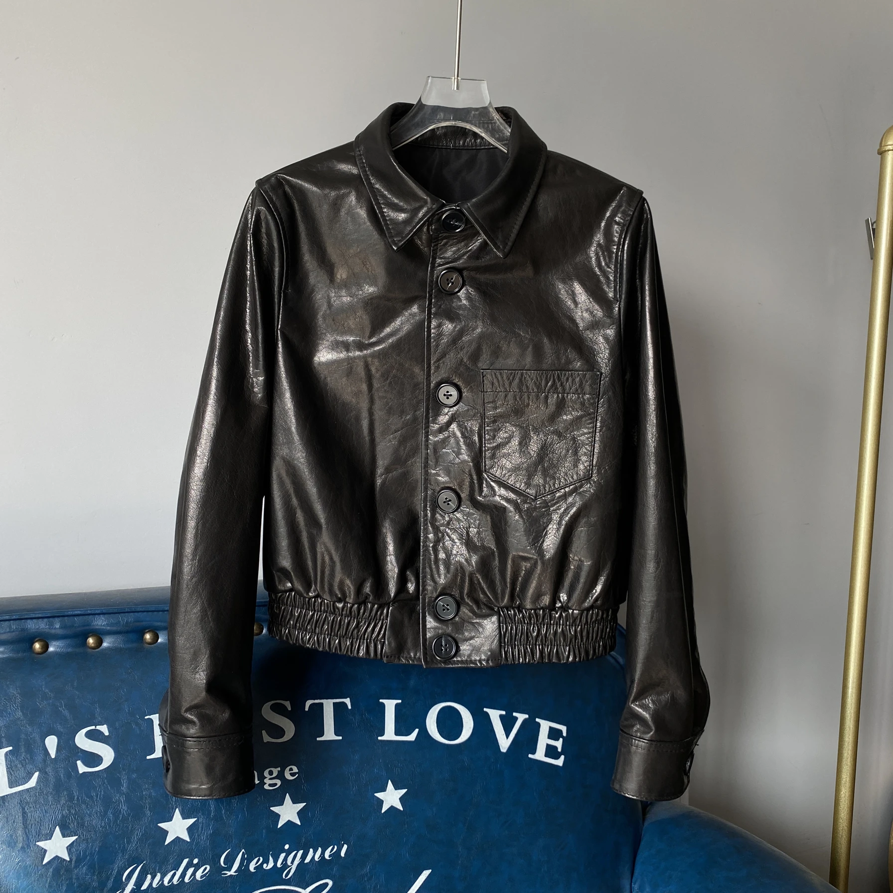 Frühling 2025, Damen, echtes Eiffell-Leder, Jaet, lässig, Faion, schlankmachend, Flip-Kragen, Reißverschluss, Pendler-Sle