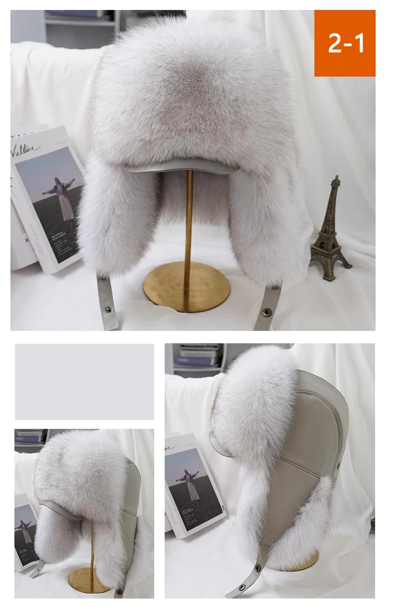 Winter 100% Echtes Silberfuchsfell Bombermütze Waschbärpelz Mütze Neue Herren-Ushanka Trapper Russische Herren-Skimütze Echte Lederkappen – Detail 14