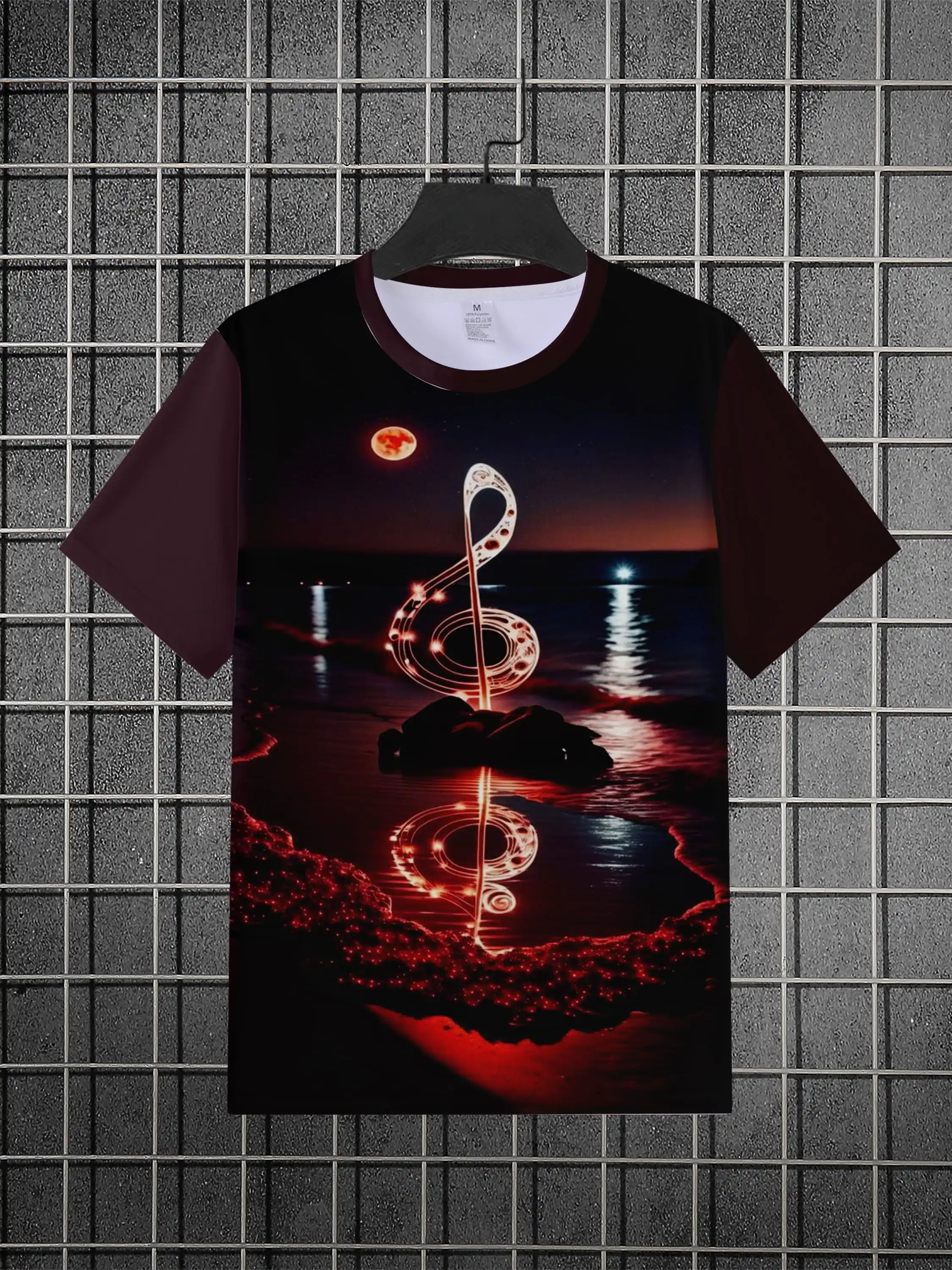 Men's Glowing Treble Clef Ocean Night Reflection Print Crew Neck Short Sleeve Music Landscape Casual Tee Tops