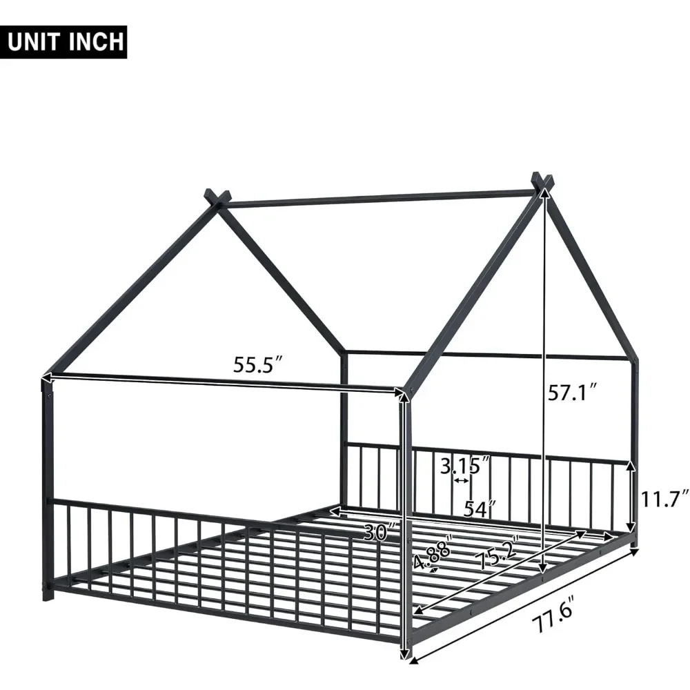 Cama de suelo para niños con cabecero y reposapiés, cama de suelo de Metal con listones, cama de piso de casa de tamaño completo para niños