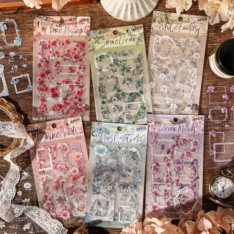 Elegant European Frame Garden Floral PET Stickers for Journal Scrapbook Cute Kids Decals Waterproof DIY Scrapbooking Sticker