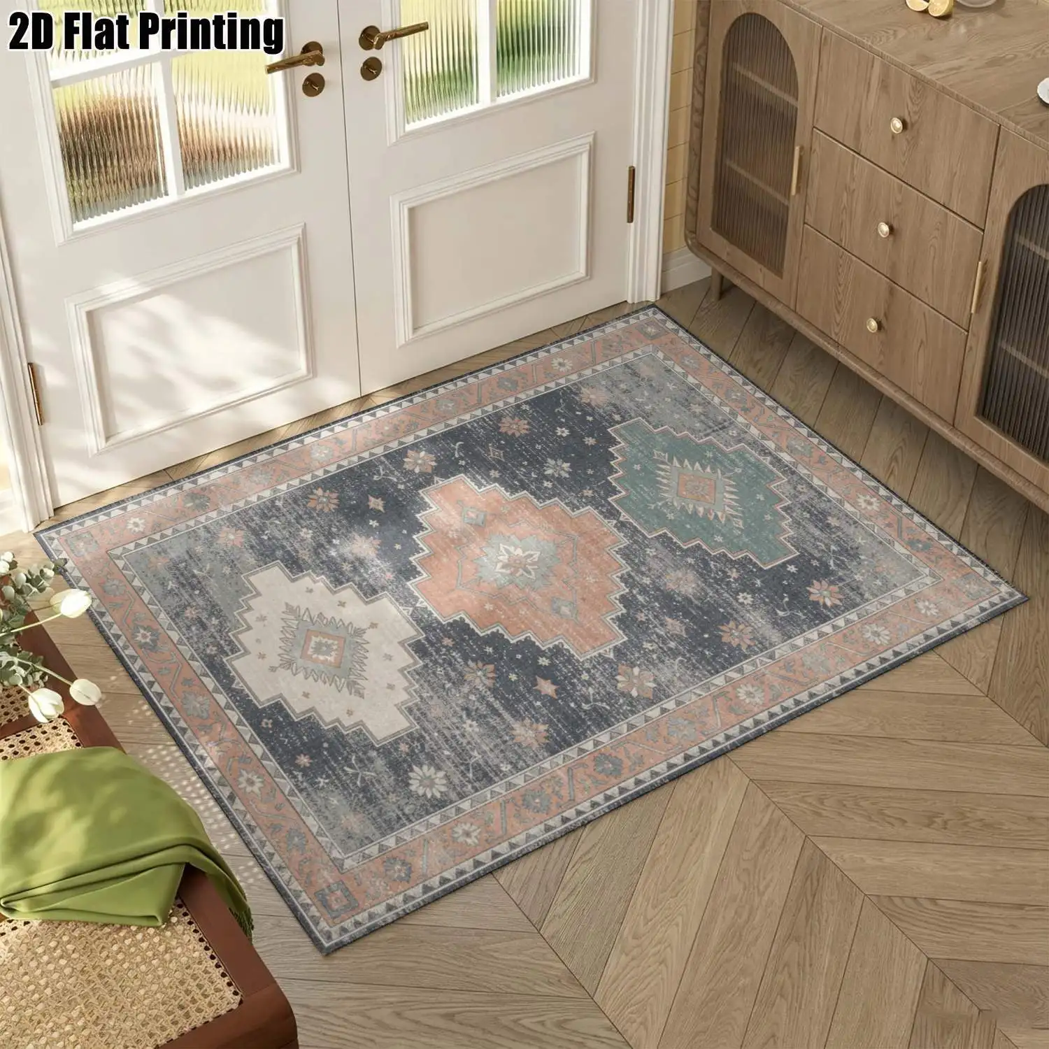 1Pc 2D Printed Vintage/European/Bohemian Style Blue-Grey Geometric Diamond Striped Carpet, Machine Washable, Multi-Size, Suitable for Home Decor Such as Living Room, Bedroom, Dining Room, Entrance, Study