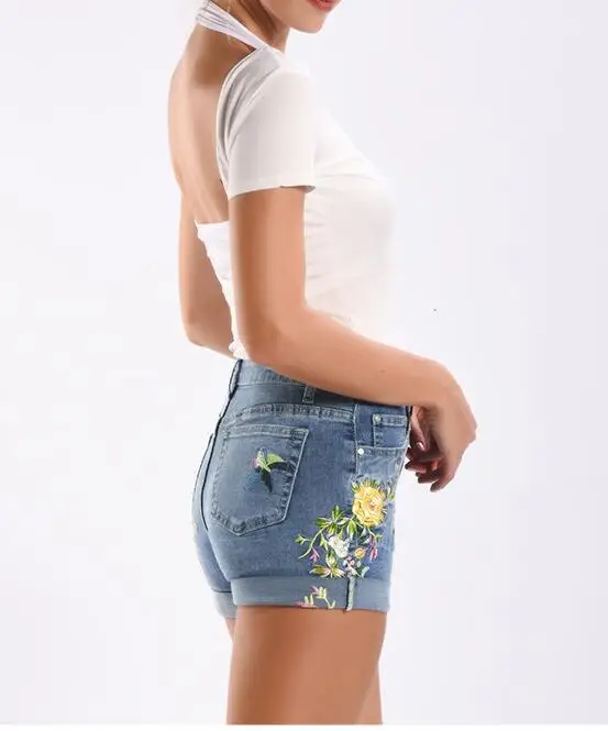 Women's denim shorts, wide leg, elastic, embroidered, flower, fashion Jean Shorts