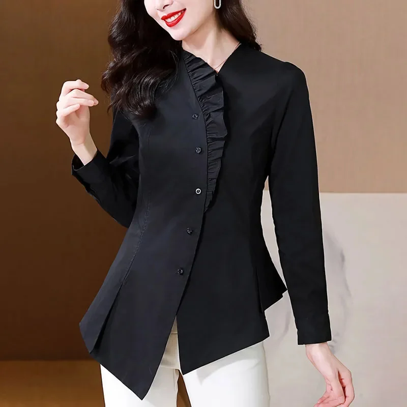 

Women's Top-Grade Irregular Shirt Mid Length Version Leisure Shirt 2024 Spring Summer Self Cultivation Ruffled Edge Lady Blouse