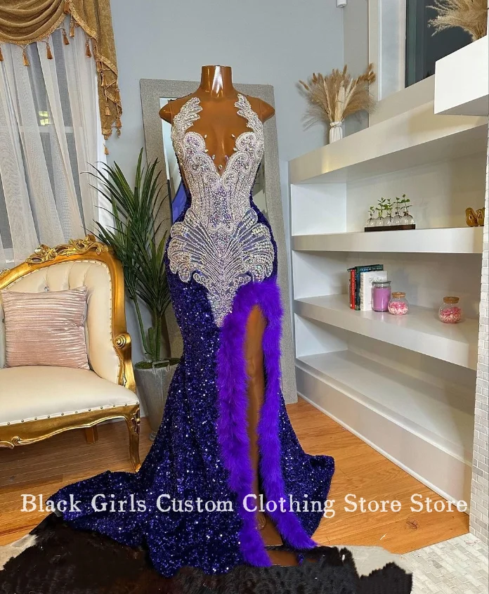 Elegant Sequins Split Prom Dress Grape Purple Backless Luxury Diamante Beaded Set Sequins Black Girls Party Customisedفستان سهرة