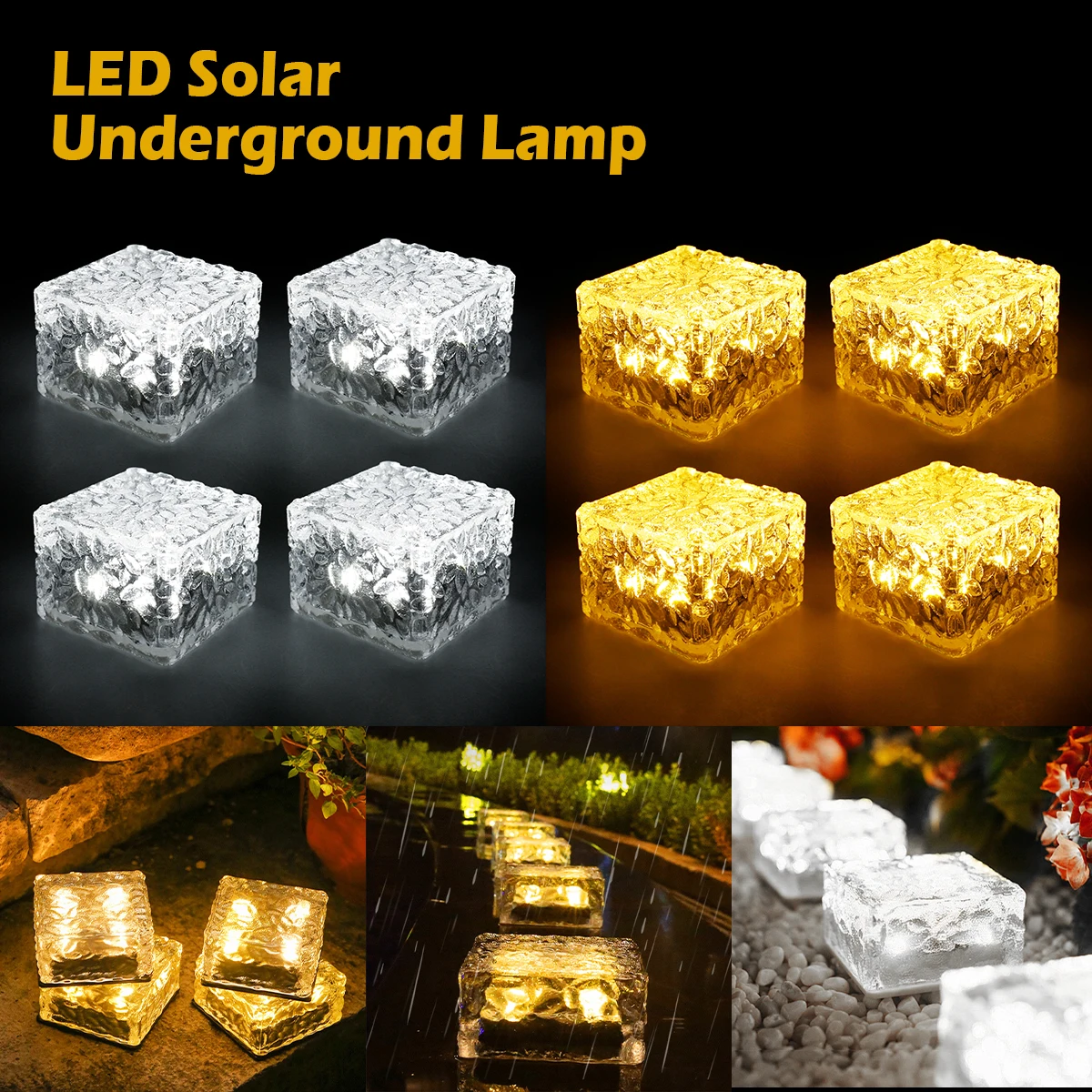 

4pcs Solar LED Lights Outdoor Ice Cube Brick Lamp Waterproof Stair Step Lamp Yard Patio landscape Lawn Lights Garden Decor