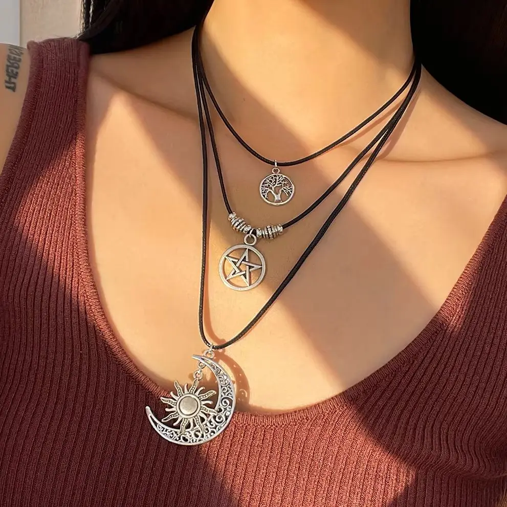 

PuRui 3Pcs/Set Vintage Star Moon Sun Tree of Life Pendant Necklace for Women Ethnic Adjustable Leather Rope Chain Necklace 2025