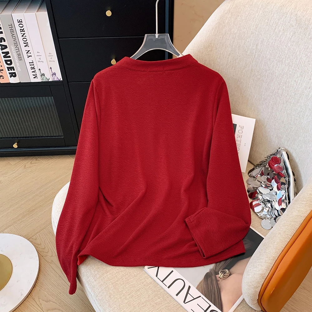 Plus-size Women's Autumn/Winter Casual Commuting Loose comfortable top Red Chinese style button-down long-sleeved shirt top top