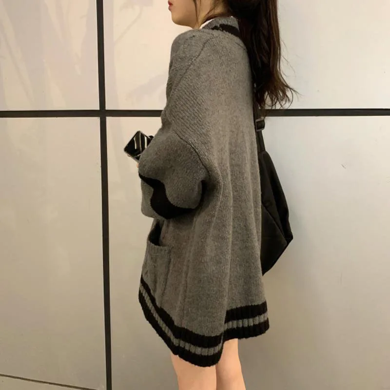 Lucyever Preppy Style Knit Sweater Women Single Breasted V-Neck Warm Cardigan Woman Patchwork Grey Long Sleeve Sweaters Coat