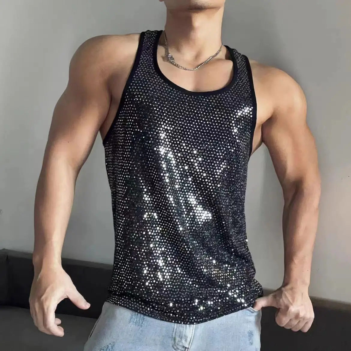 Flash Black Silver Sequins Tank Top Bar Nightclub Male Singer Dance Vest Stage Show Performance Wear