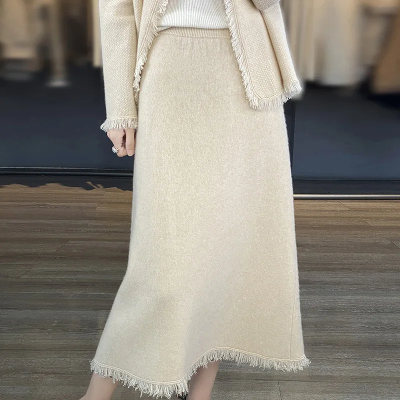 

Women's 100% Merino Wool Knit Skirt A-line Autumn Winter Thick Mid-calf Skirt Office Lady Elegant Skirt Knitwear