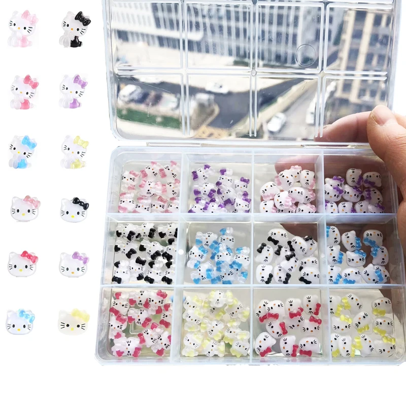 12Grids (10PCS Each Grid) Cartoon Sanrioed Hellokitty Kuromi Kawaii Resin Nail Charms Mixed Flatback 3D Nail Art Supplies Y2K