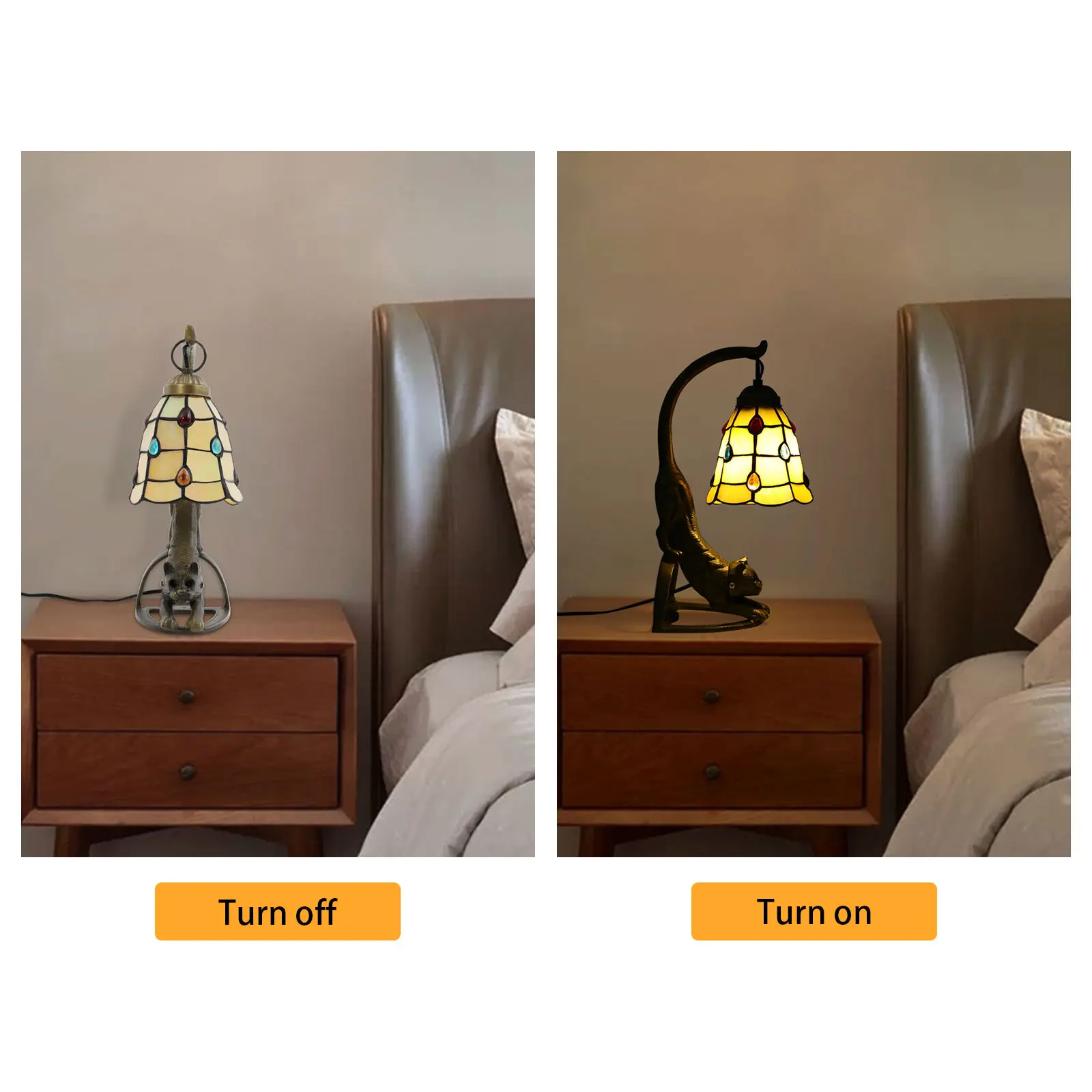 Unique Style Cat Table Lamp Beige Art Glass Bedside Lamp with E26 Socket, US Plug (Bulb Not Included)