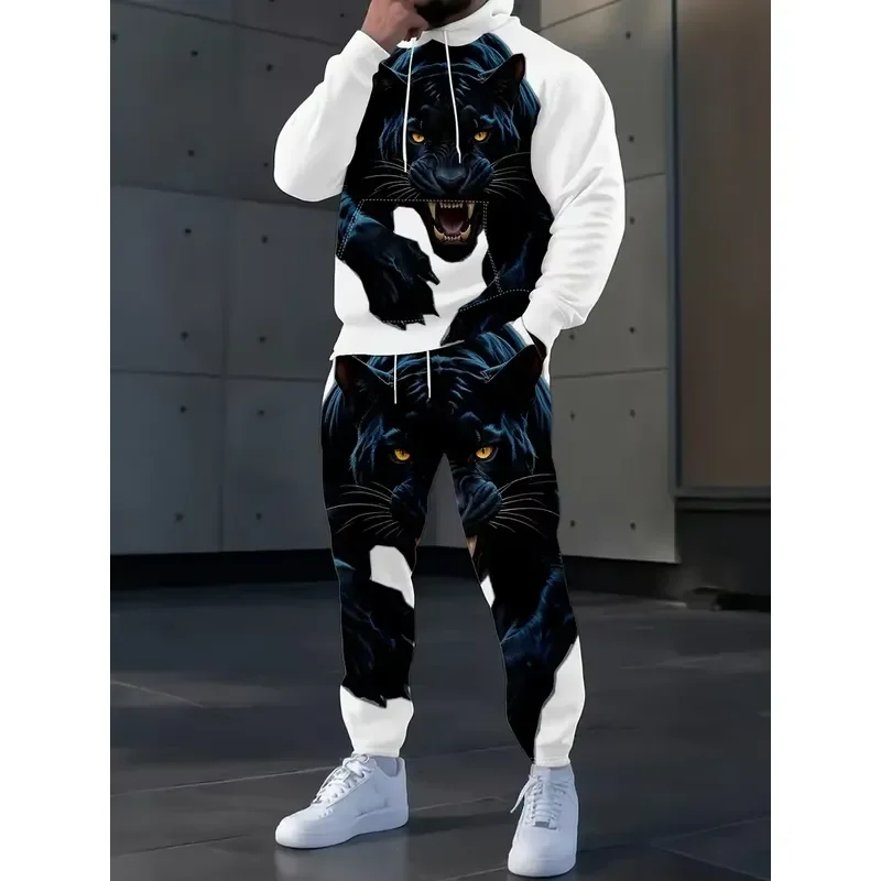 3D Tiger Print Hoodie Set Men Women Two Piece Tracksuit Fashion Outdoor Sports Sweatshirt Pants Suit Casual Streetwear Outfit