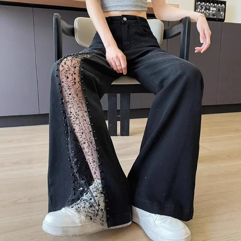 Super Popular Black Patchwork Lace Rhinestone Wide-leg Jeans for Women with Summer Elastic Beaded Design and Floor-length Pants