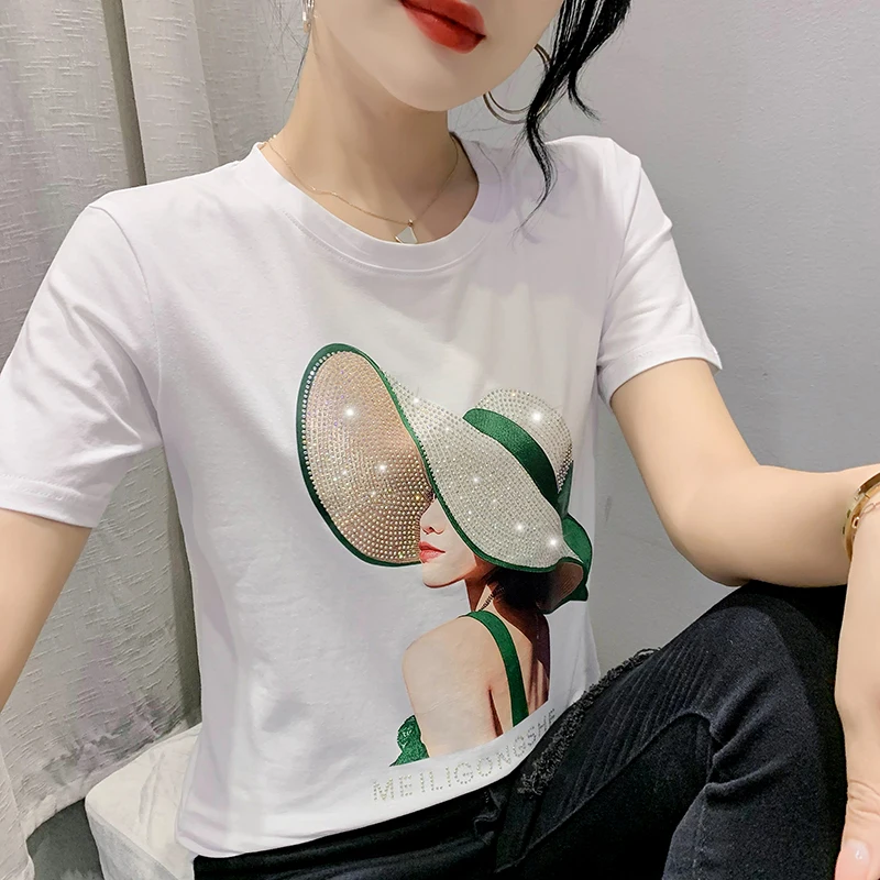 Summer European Clothes Cotton T-Shirt Chic Sexy Print Shiny Diamonds Women\'s Tops Short Sleeve New Elastic Hand Made Tees 2147