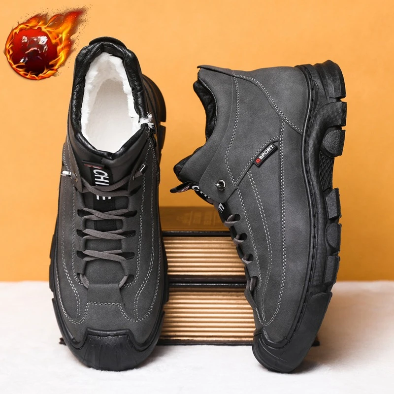 Men's Winter Cotton Shoes Leather Patchwork Outdoor High Top Leather Fur Integrated Snow Boots Zapatillas Thickened Fleece Lined