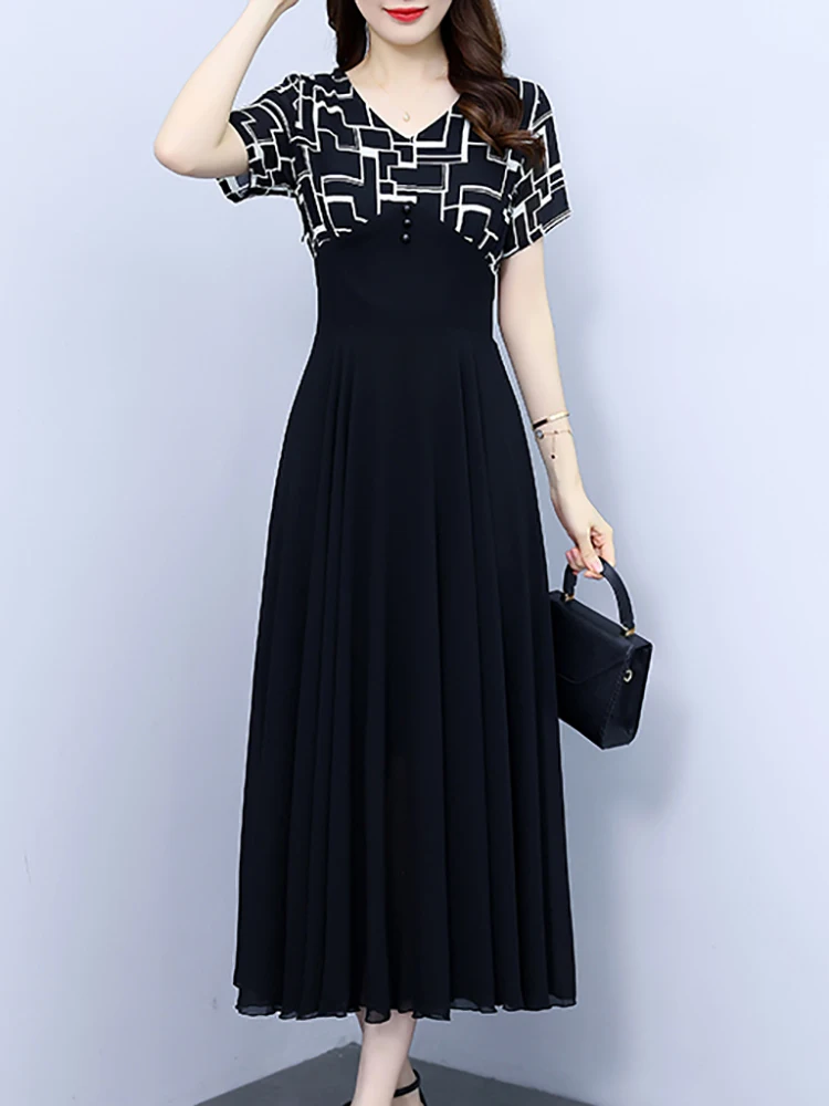 2024 Black Patchowrk Plaid V-Neck Midi Dress Summer Elegant Bodycon Formal Dress Women Korean Vintage Hepburn Party Night Dress