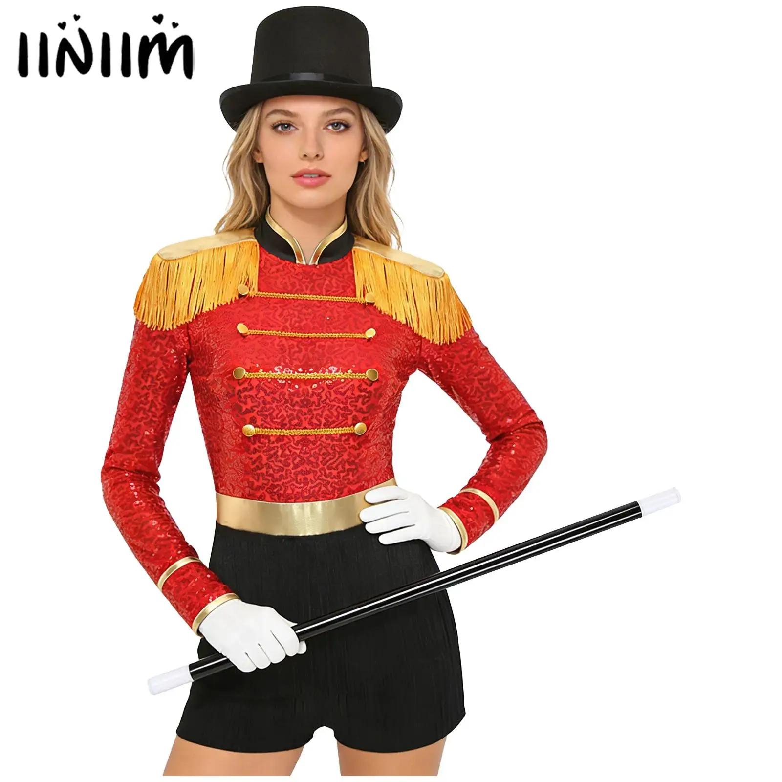 بدلة نسائية ساحرة السيرك Ringmaster Majorette التأثيرية فستان شرابة متدرج هامش مع قفازات وقبعة وعصا #1
