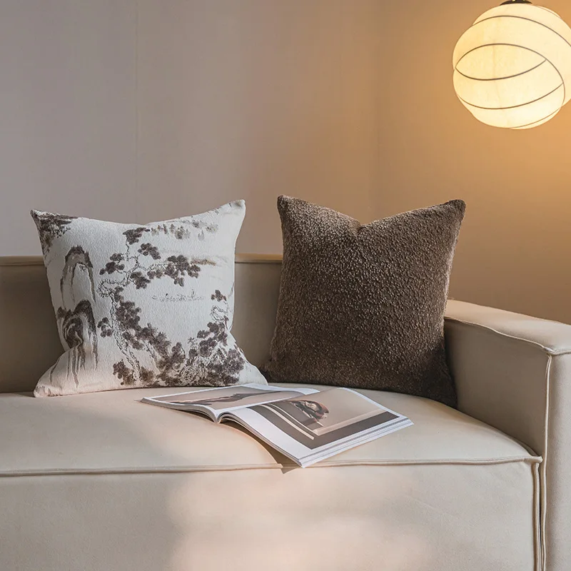 Wabi-Sabi Pillow Cover Set | Chinese Ink Painting Print & Boucle Cushion Cases | Minimalist Neutral Tone Sofa Bedroom Decor