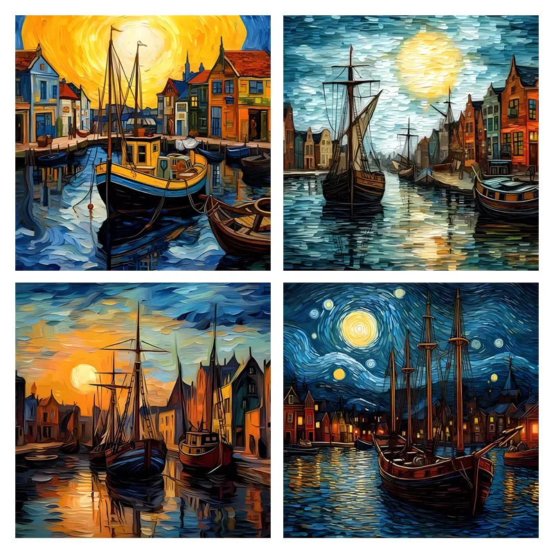 Retro Oil Painting Maritime City Ships Setting sun Iron On Transfer Art Sticker For Clothes T-shirt DIY Heat Transfer Patch DTF