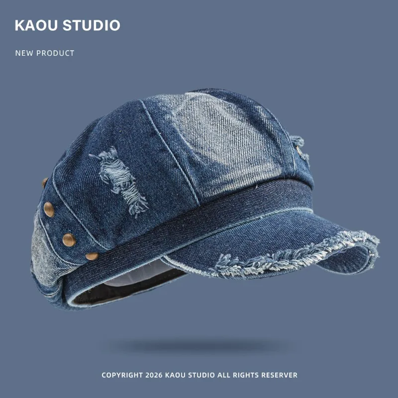 Japanische gewaschene Denim-Oktagon-Mützen, Herbstmode, Y2k-Stil, mit Löchern, Nieten, personalisierte Baskenmütze für Damen – Detail 5