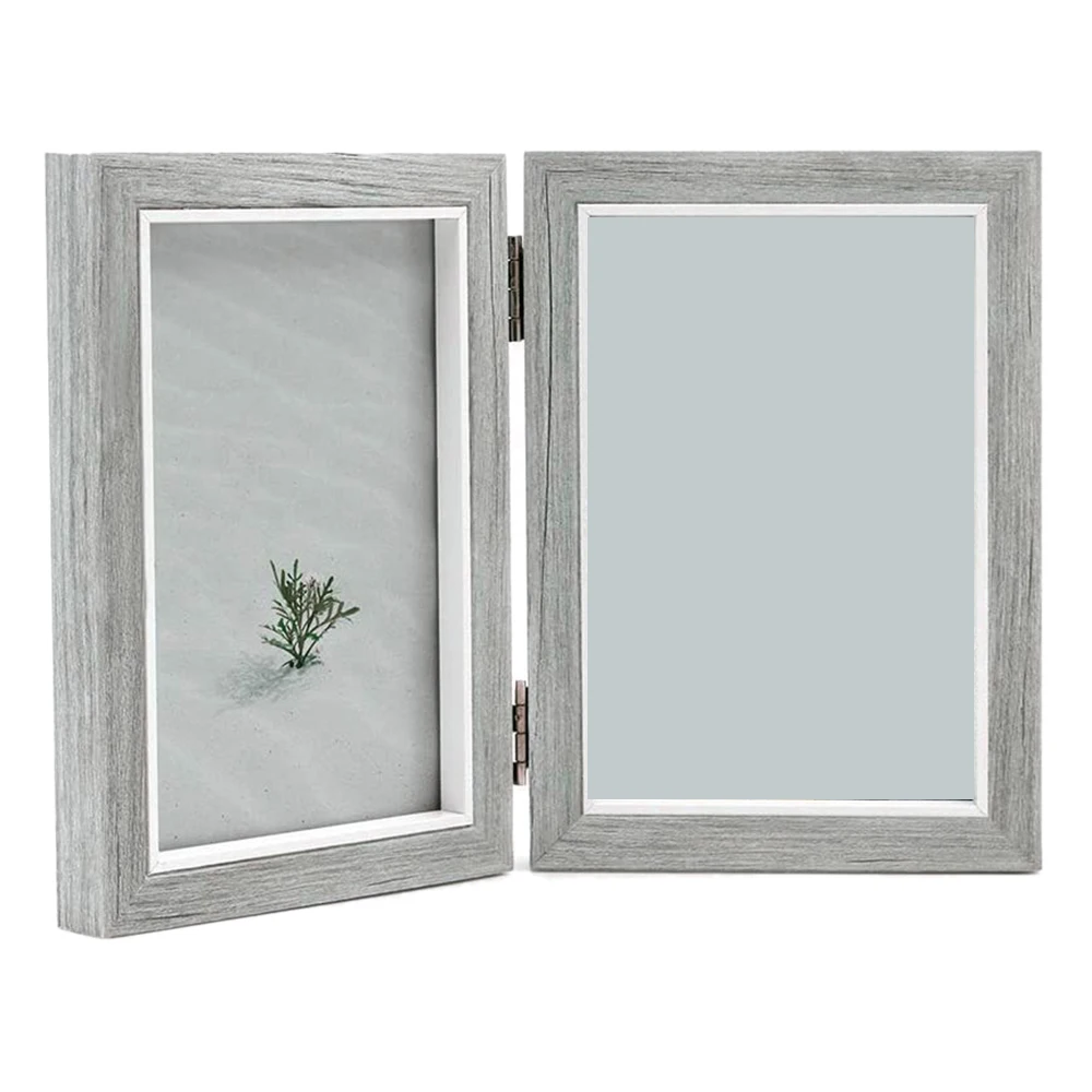 Double Picture Frame 4X6in Rustic Grey Photo Frames Wooden Hinged Folding,Wedding Gifts,Mother's Father's Day Present