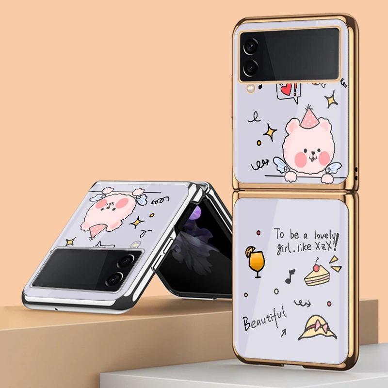 Z Flip 4 Funda Case for Samsung Galaxy Z Flip 4 3 2 1 Foodie Bear Plating Tempered Glass Coque Protection Phone Case Cover