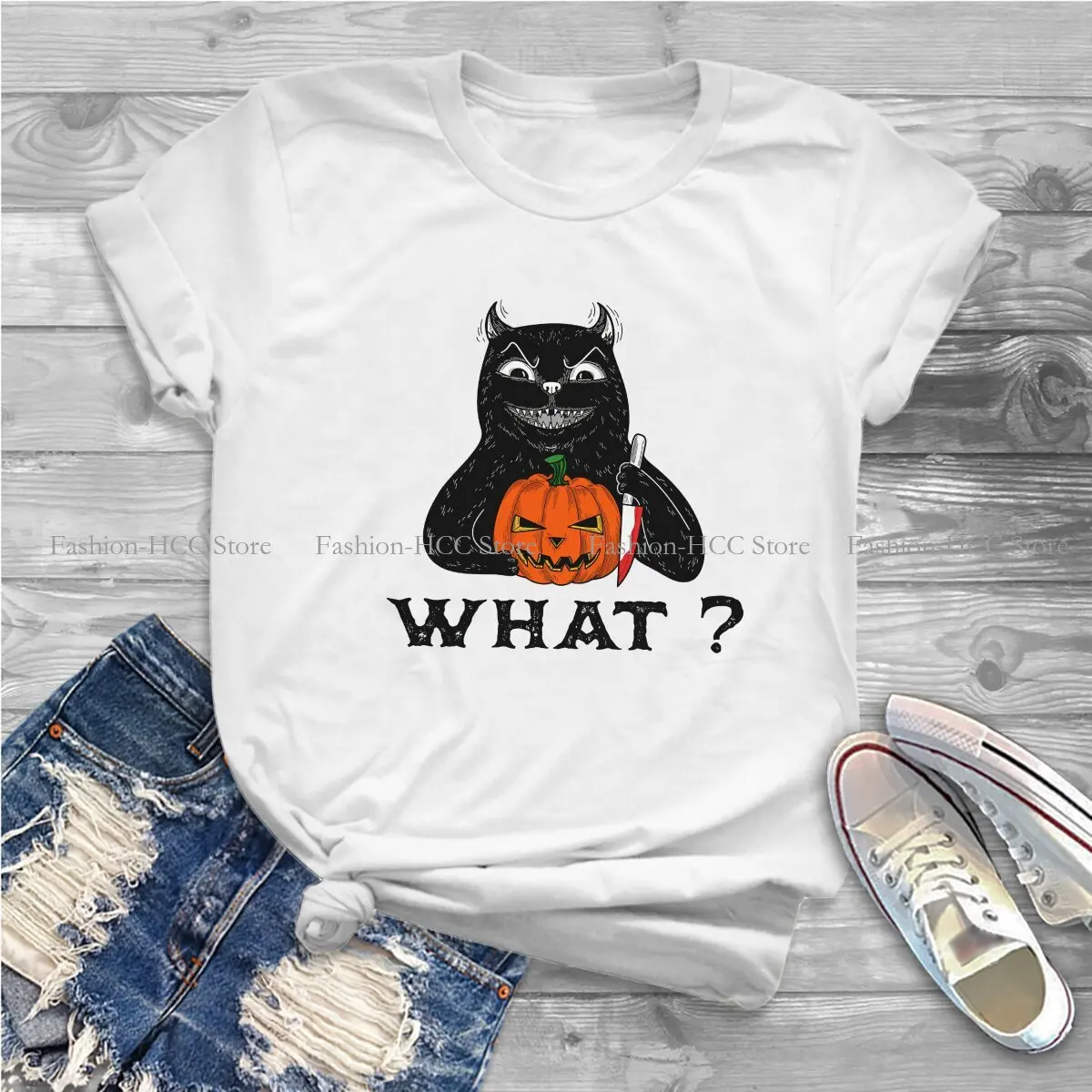 Abominable Cat With A Knife Fashion Polyester TShirts Cat What Murderous Women Harajuku Tops T Shirt Round Neck