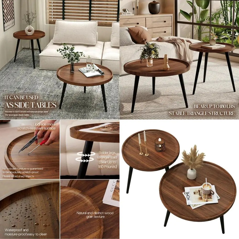 

Round Mid-Century Modern Nesting Coffee Tables, Minimalist Walnut, Ideal for Living Room, Bedroom, Office, and Outdoor Spaces