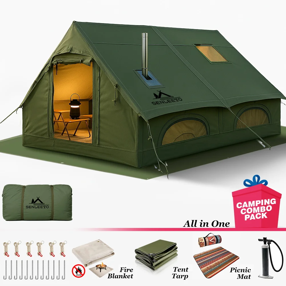 129 SqFt2 خيمة تخييم قابلة للنفخ باللون الأخضر العسكري مع قماش القنب، خيمة هوائية 4 فصول مقاومة للماء مع حصيرة نزهة وبطانية حريق #1