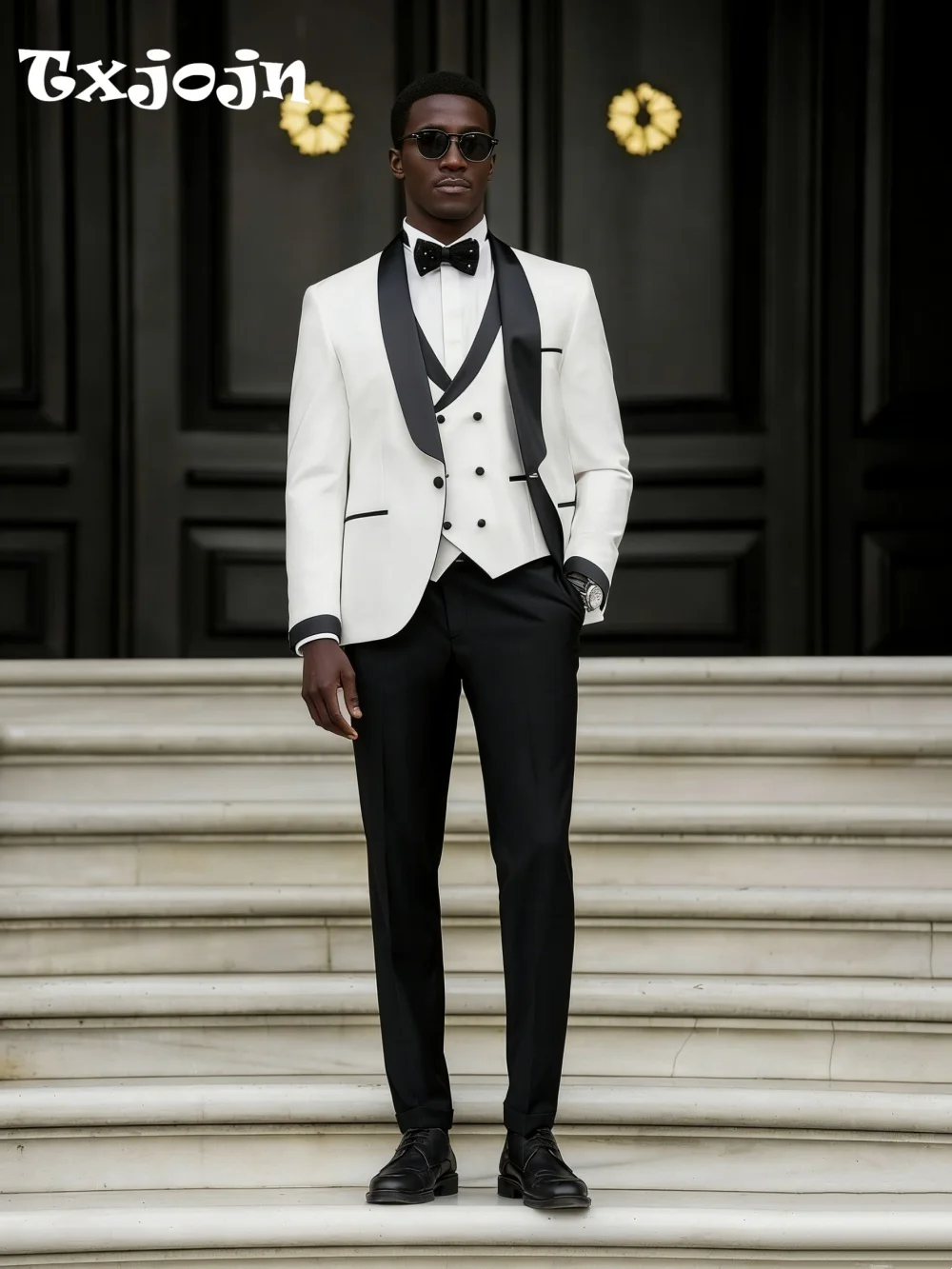 

Classic White Black Men's Suit Set For Wedding Suit Elegant Single Breasted Jacket Pants Modern Business Men Groomsmen Formal