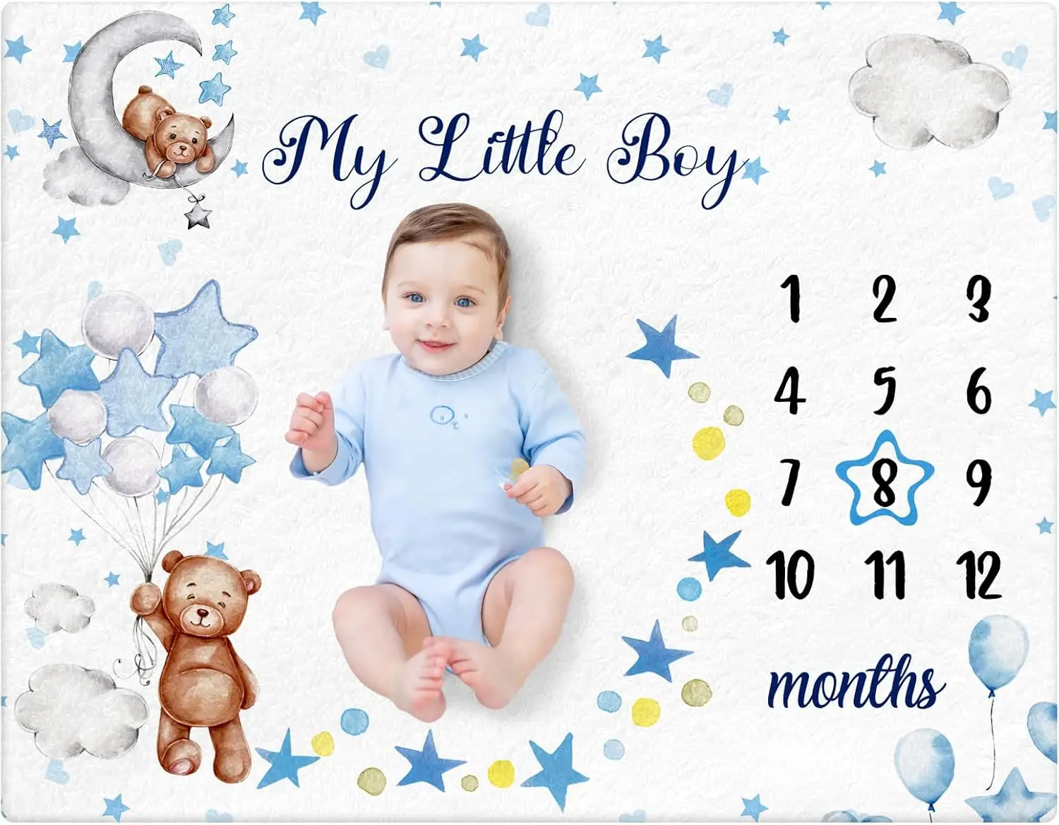 VIKAMA Monthly Baby Growth Milestone Photography Blanket Bear Balloon Flannel Blanket Male Baby Swaddle Growing Chart