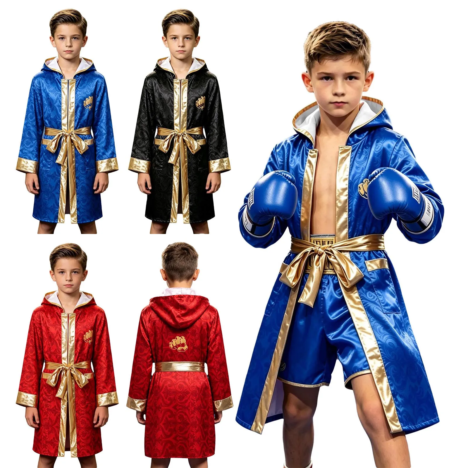 Boxer-Kostüm für Jungen, Kinder-Boxer-Bademantel mit Kapuze, goldfarbener Gürtel, Boxer-Bademantel für Halloween-Party, Cosplay, Bühnenshow – Detail 2